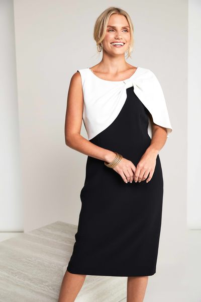 2 TONE DRESS PLEATED BOW CAPE KCS26153-BLACK WHITE