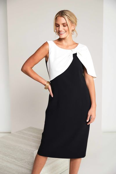2 TONE DRESS PLEATED BOW CAPE KCS26153-BLACK WHITE