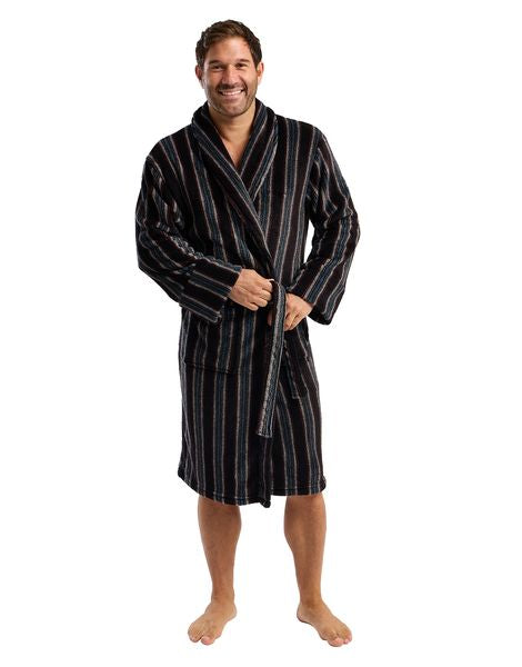 STRIPED FLEECE DRESSING GOWN 46107-BLACK