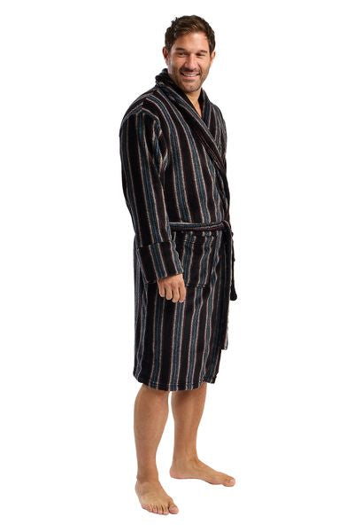 STRIPED FLEECE DRESSING GOWN 46107-BLACK