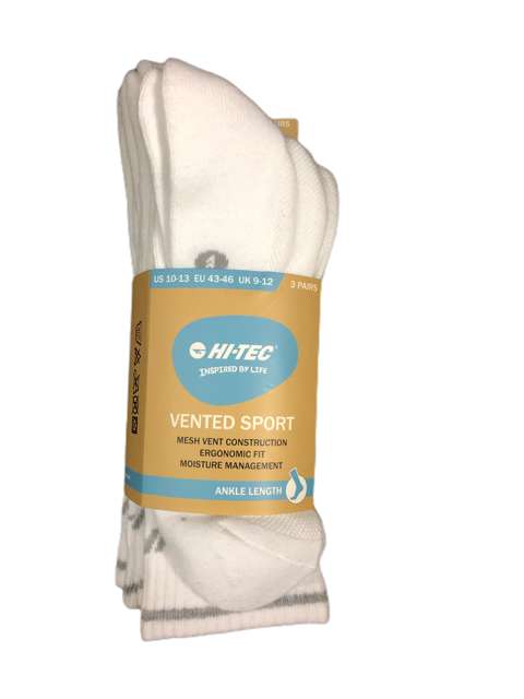 Hi Tec Ankle Sports Sock 3 Pack - White, 6 to 8.5